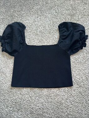 Classic Black Puff-Sleeve Square Neck Crop Top